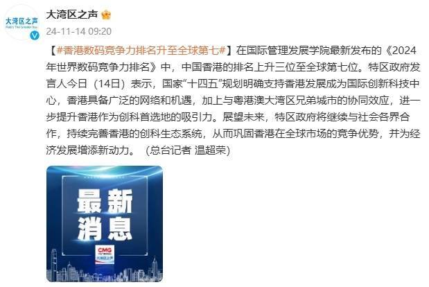 数码竞争力排名，香港升至全球第七